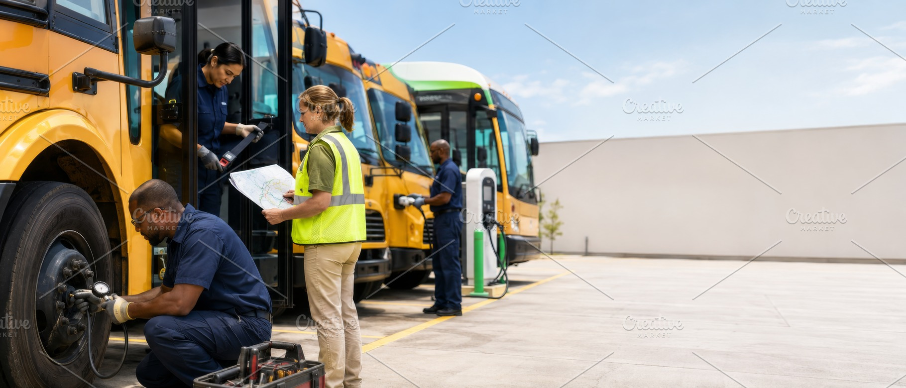 School bus maintenance scene with wo, a Photo by Dvoevnore photos