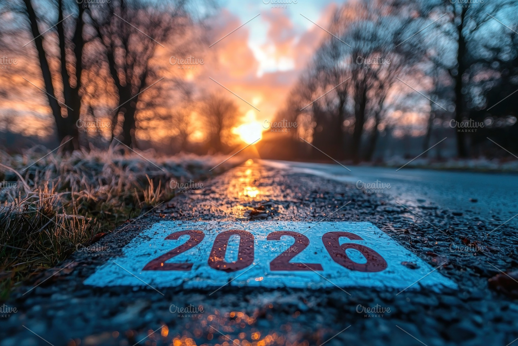Close-up of 2026 road marking on wet asphalt with frosty grass a, an Abstract Photo by José Manuel Gelpi
