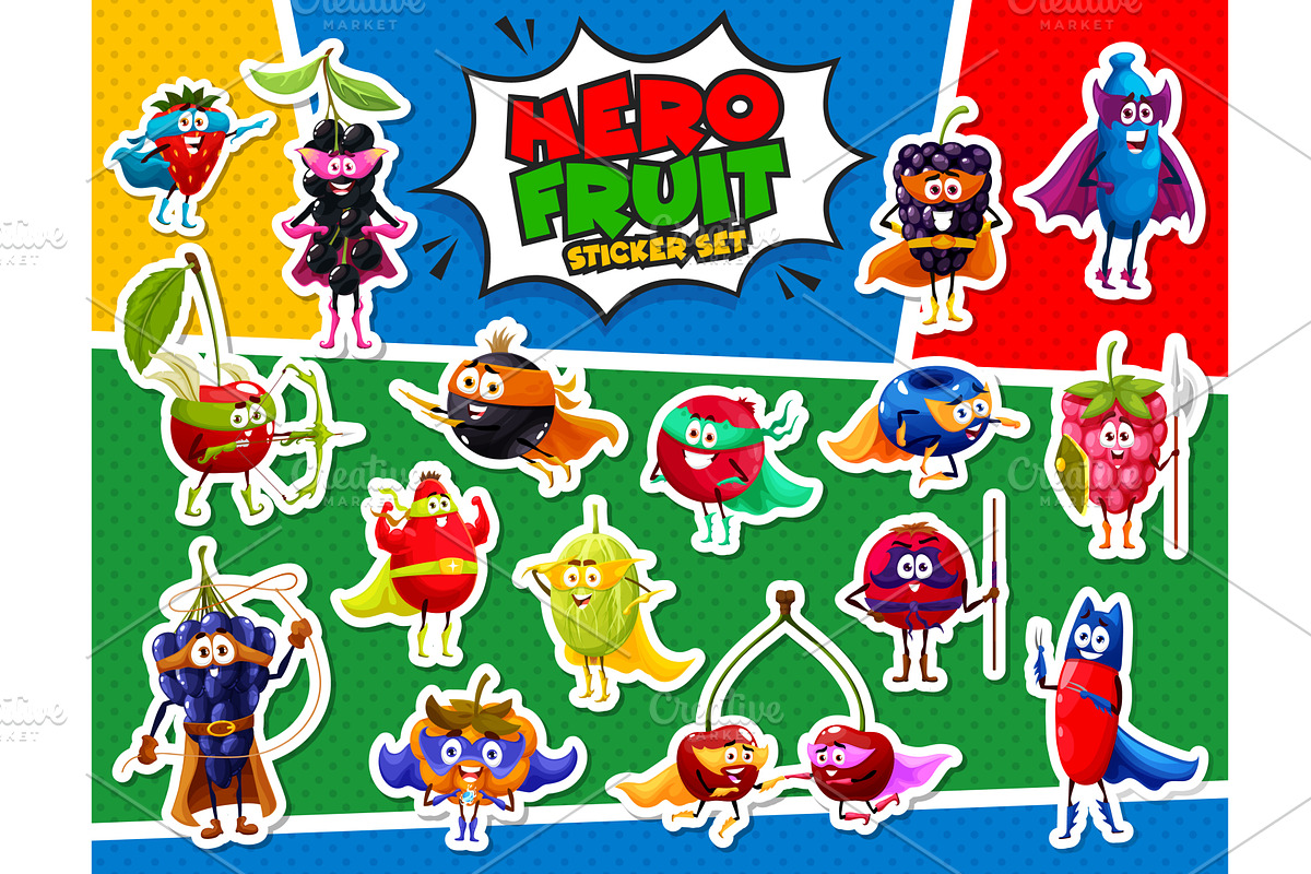 Superhero fruit stickers, a Food Illustration by Vector Tradition
