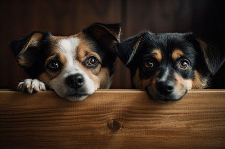 Two cute dogs in a wooden box on a d, a Photo by Iftikhar Alam