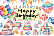 Happy Birthday Clipart Collection, a Decorative Illustration by Watercolor Digital (Thumbnail 1 of 9)