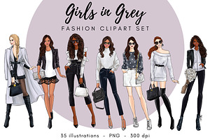 Girls In Grey Fashion Clipart Set