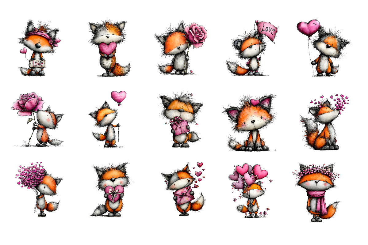 Valentine's Whimsical Foxs Clipart, an Illustration by CreationArt (Photo 2 of 5)