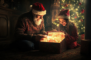 Couple joyfully opening a Christmas, a Photo by Iftikhar Alam