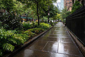 City sidewalk on a rainy day, a Photo by Pavel_design