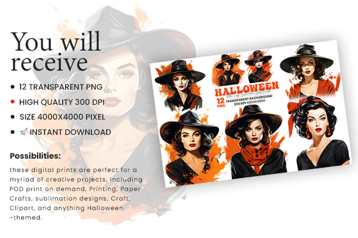 Halloween Retro Lady Clipart Bundle, a Seasonal Illustration by Creative Arslan (Photo 3 of 7)