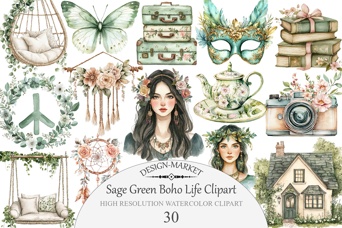 Watercolor Sage Green Boho Life Clip, an Illustration by Design Market (Photo 1 of 4)