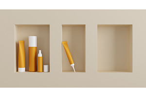 Cosmetic Bottles On Bathroom Shelf