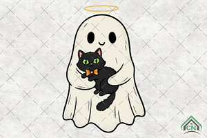 Halloween Ghost Holding Black Cat, an Illustration by Craft Nest