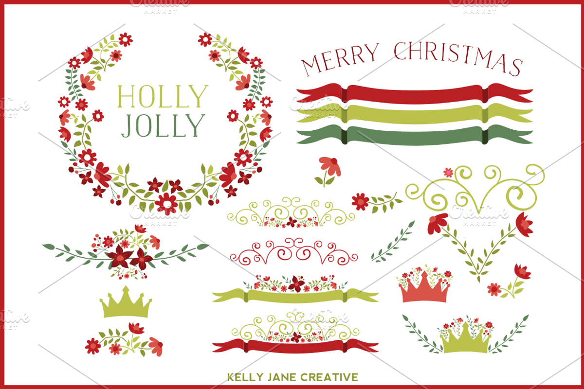 Holiday Floral Clipart Vector, an Illustration by Kelly Jane Creative