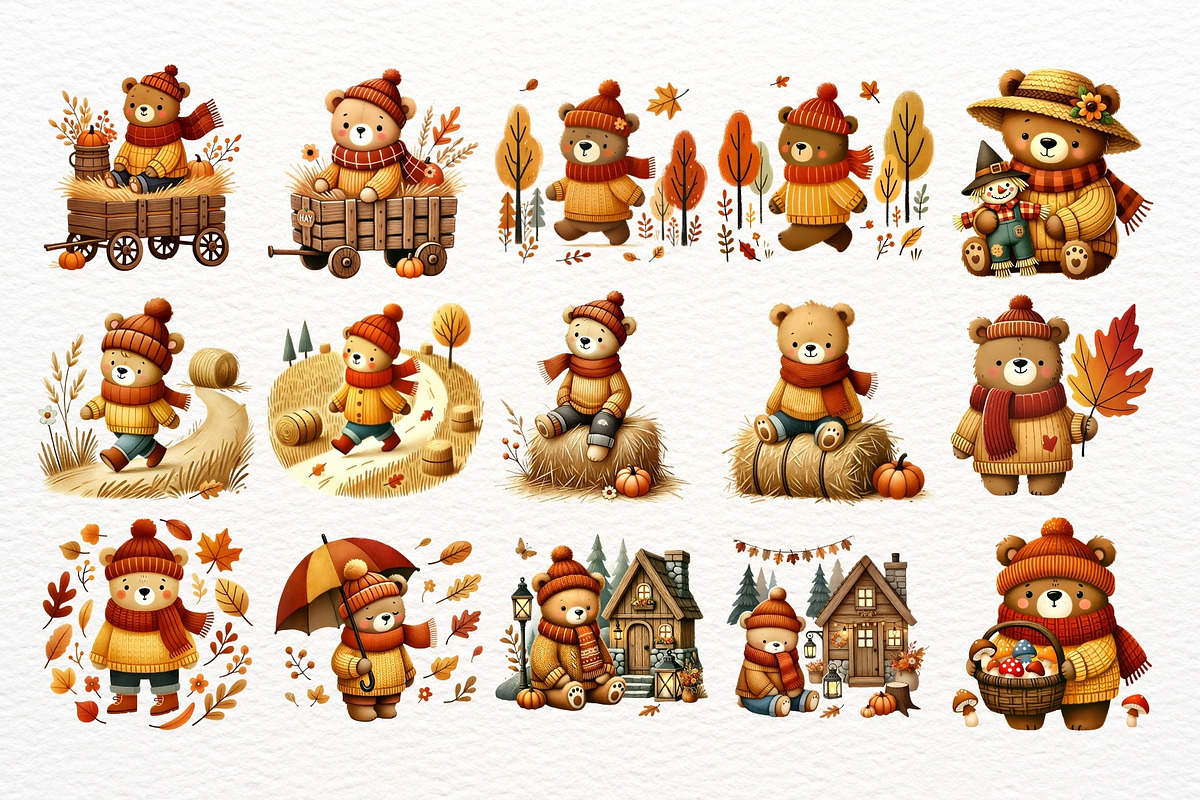 Cute Autumn Bear Clipart Bundle, a Seasonal Illustration by Nicolle's Colorful Art (Photo 3 of 7)