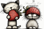Strawberry Cat Whimsical Clipart, a Seasonal Illustration by Designking (Thumbnail 1 of 5)