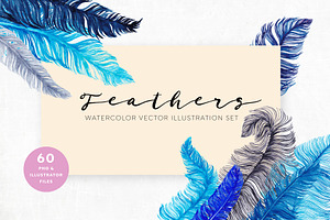 60 Watercolor Vector Feathers