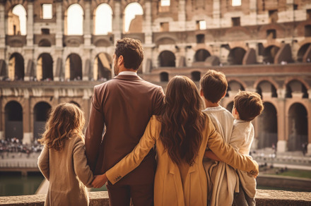 Family with kids against Colosseum, Rome, Italy.  People visitin, a Person Photo by AS photostudio