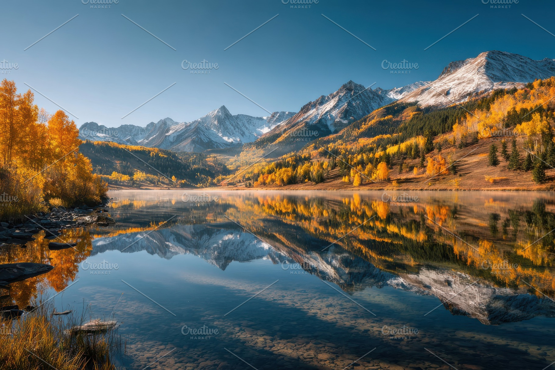 Stunning Autumn Lake Reflection Snow, a Photo by Pixeness Studio