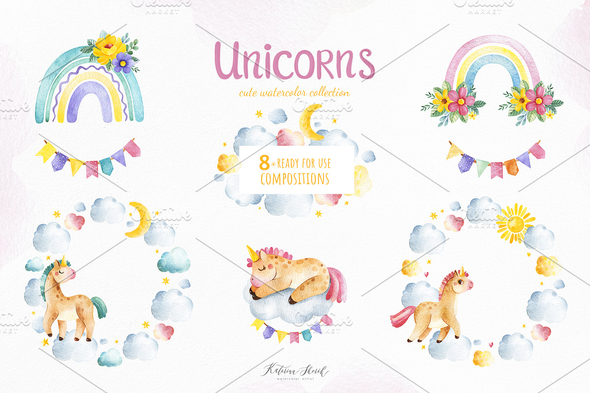 Unicorns.Cute watercolor collection, an Animal Illustration by Kate_Rina (Photo 8 of 16)