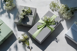 Elegant gift boxes decorated with flowers, ribbons, and natural, a Photo by Studio ANNA