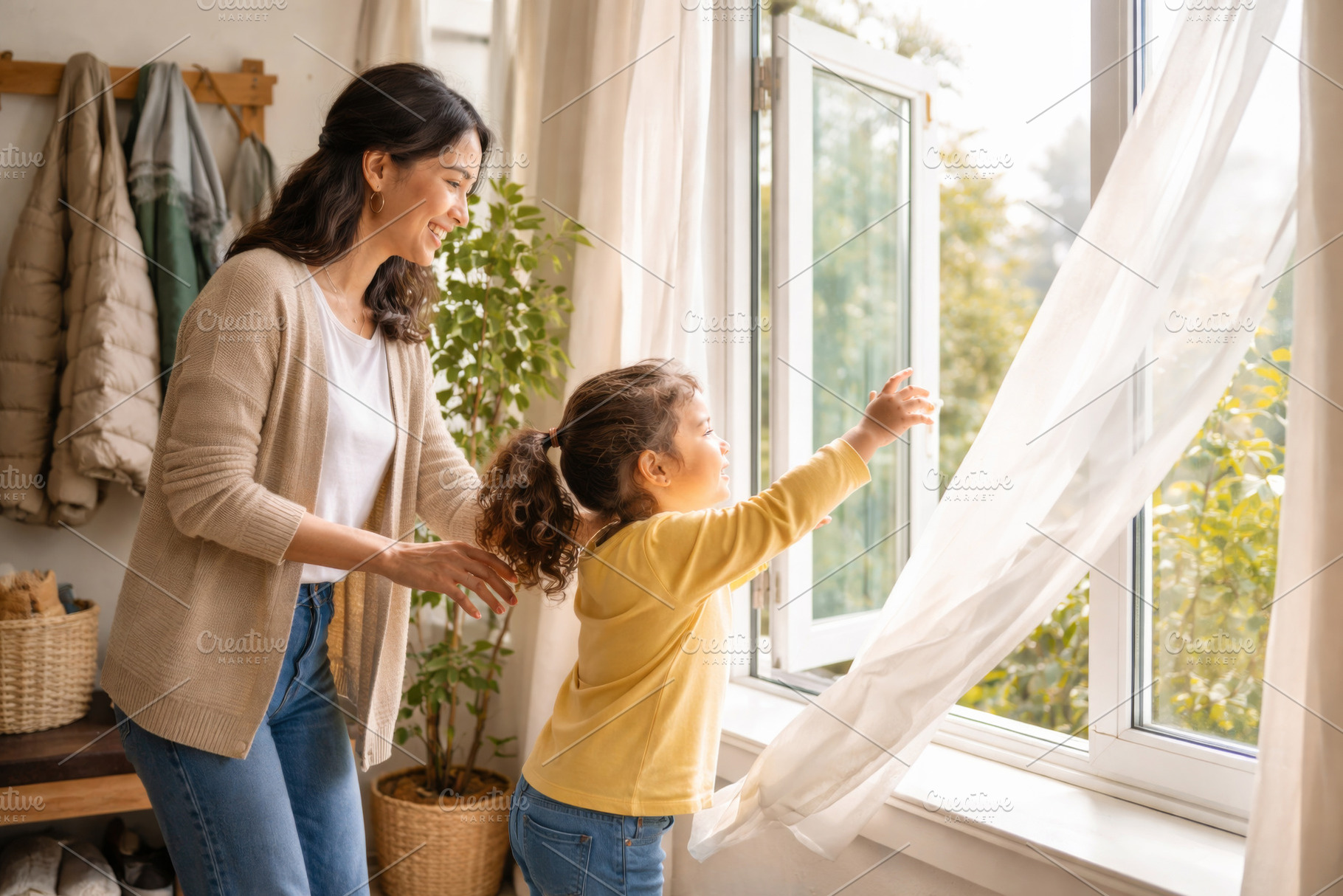 House airing with woman and child by open window in daylight, ho, a Photo by Dvoevnore photos