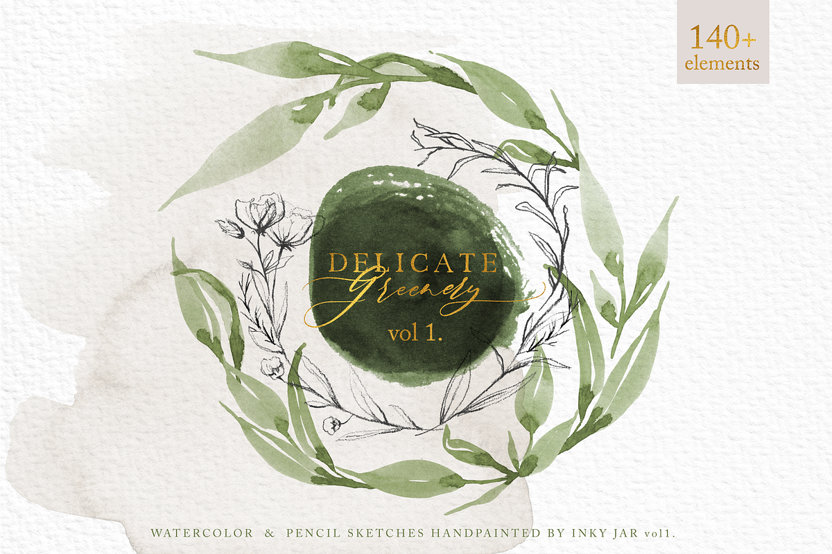 Delicate Greenery Watercolor+Pencil, a Texture Illustration by Inky Jar Design Studio (Photo 1 of 15)