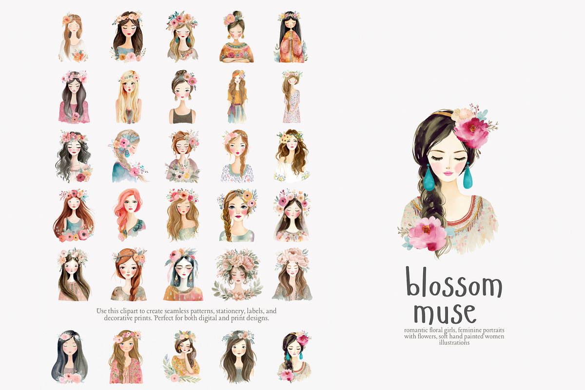 Watercolor boho women clipart set, a Decorative Illustration by Patishop Art (Photo 4 of 11)