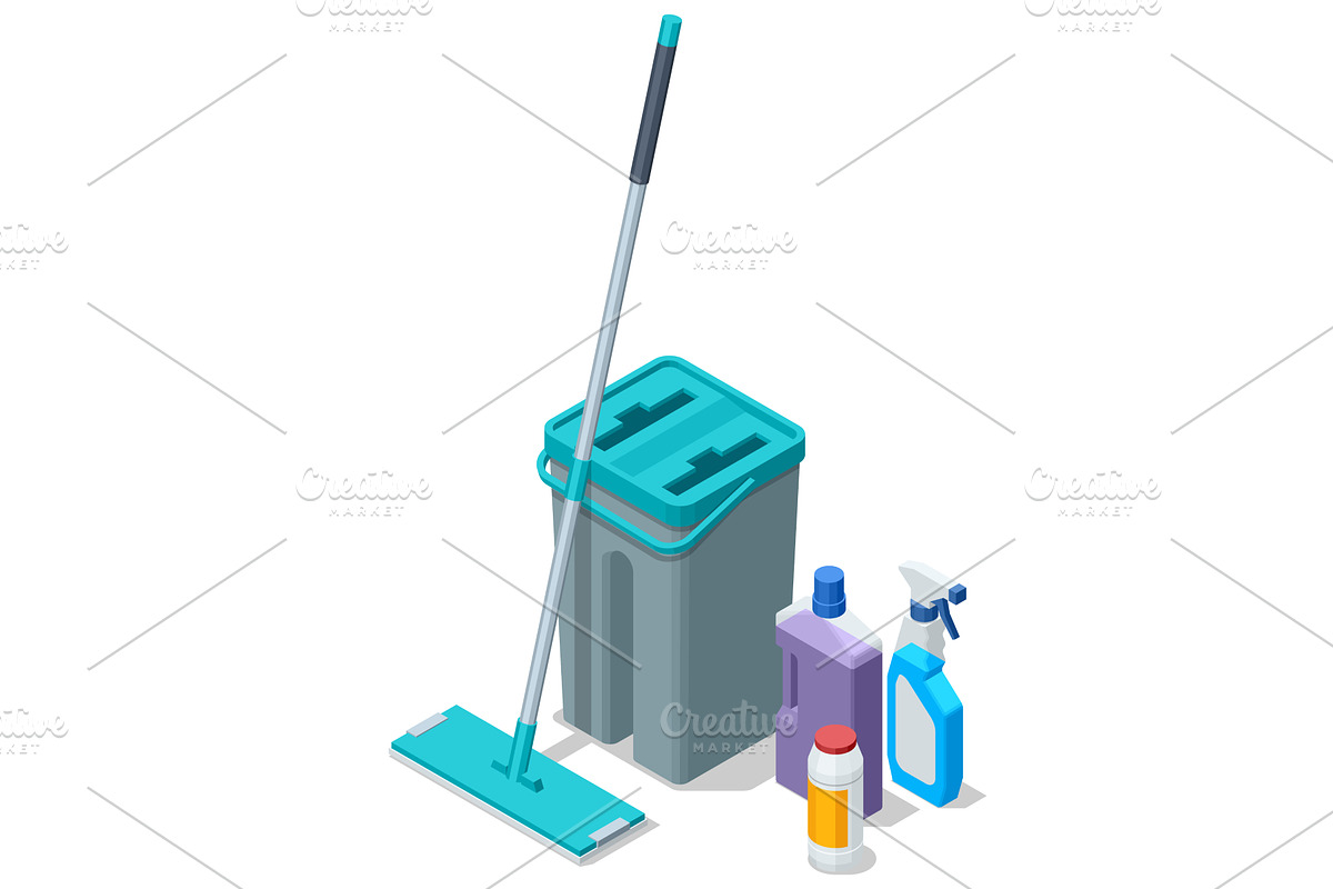 Isometric cleaning set with mop, an Object Illustration by Golden Sikorka