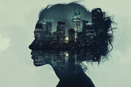 Cityscape Mind: Silhouette merging h, a Background Photo by Pixeness