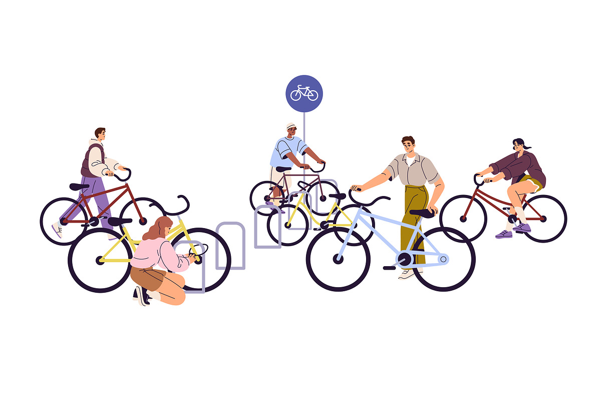 People parking bicycles at station, a Transportation Illustration by PaperTrident (Photo 4 of 4)