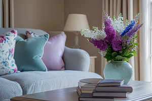 Cozy living room interior with fresh colorful flowers, sofa with decorative cus, an Architecture Photo by Studio ANNA