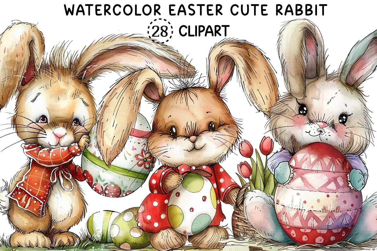 Watercolor Easter Cute Rabbit Bundle, an Illustration by Creative Art (Photo 1 of 8)