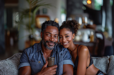 Joyful Mature Black Couple Smiling and Bonding in Cozy Cafe Setting, a Photo by AS photostudio