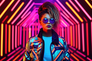 Futuristic and stylish 1980s fashion female model poses in a pla, a Beauty & Fashion Photo by designvectx