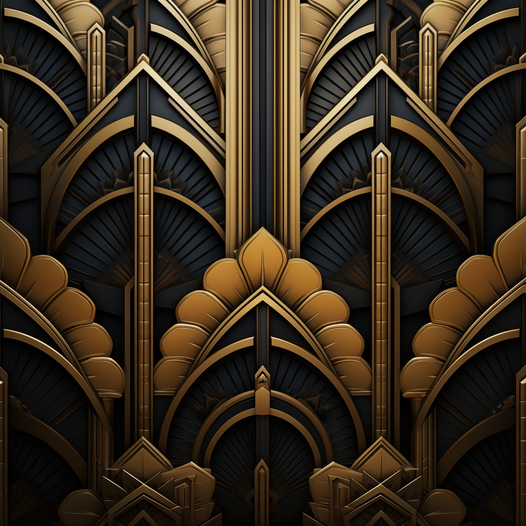 An intricate art deco pattern featuring gold and black elements ...