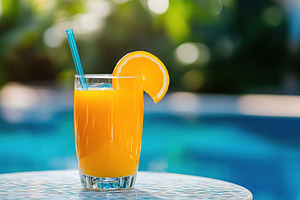Refreshing orange juice served in a tall glass on a sunny patio near the pool, a Food & Drink Photo by AlyaAnd