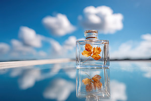Delicate transparent vase showcasing autumn leaf reflecting on a serene outdoor, a Photo by AlyaAnd