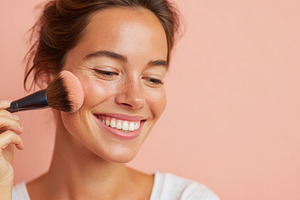 Woman applying blush with a smile, a Beauty & Fashion Photo by AlyaAnd