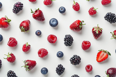 Pattern of ripe different berries on white background, a Food & Drink Photo by AlyaAnd