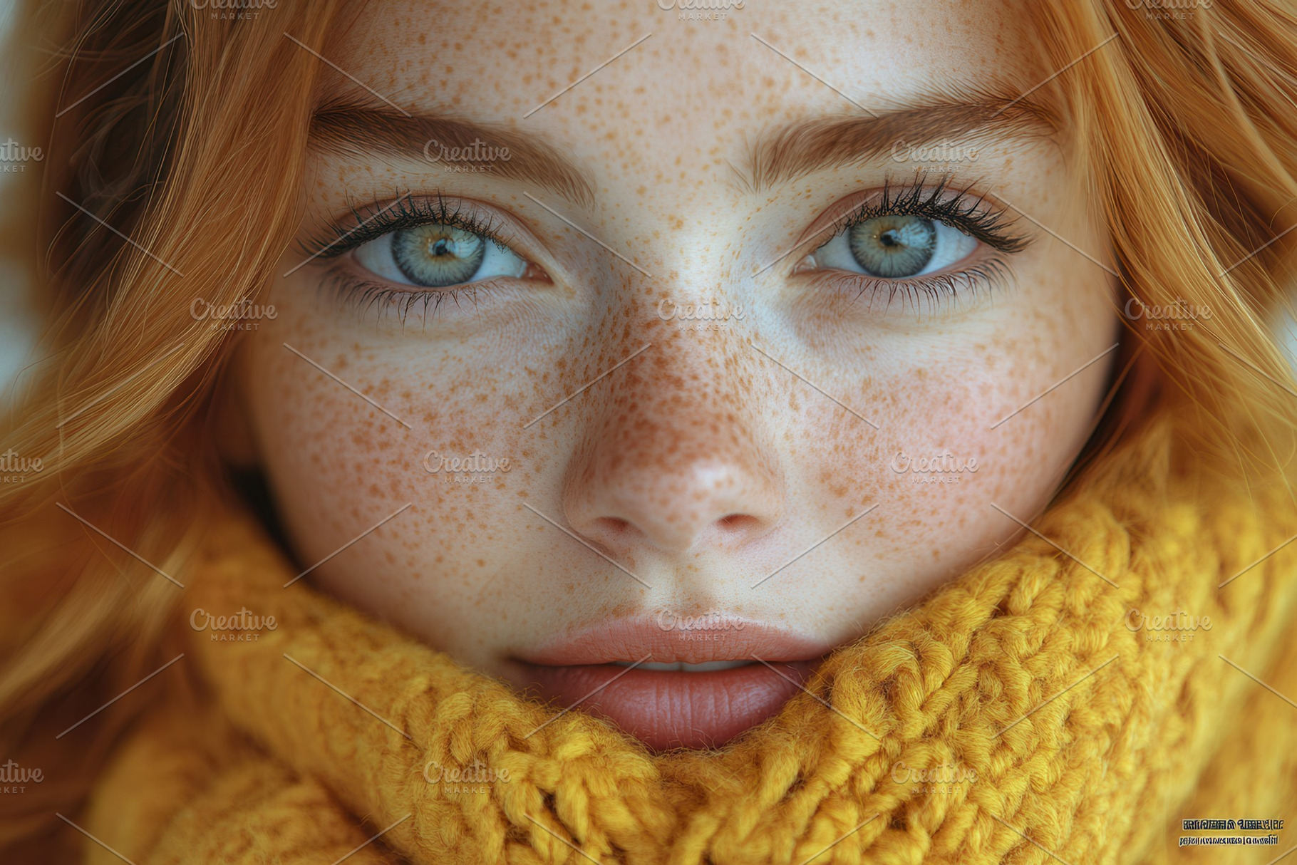 Freckled woman with striking green e, a Photo by Tanuart