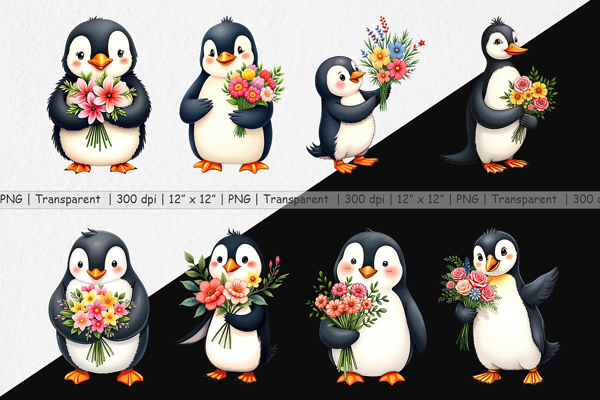 Penguin Spring Bouquet Clipart, a Graphic by Artnoy (Photo 4 of 5)