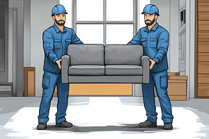 Illustration of two workers carefully moving a gray sofa inside a modern living, a Photo by AlyaAnd