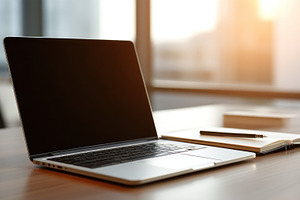 Laptop with black screen on modern wooden desk next to notebook, an Abstract Photo by José Manuel Gelpi