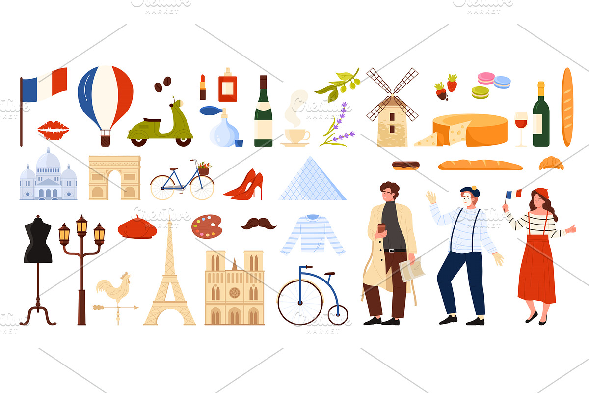 Travel to France, culture elements, a Food Illustration by Flashvector