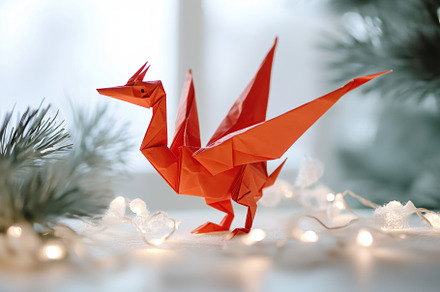 A vibrant red origami dragon displayed among soft white lights and greenery, cr, an Arts & Entertainment Photo by Textures & Backgrounds