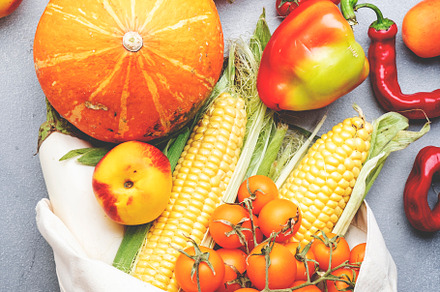 Autumn vegetables and fruits from farm market in beige textile e, a Food & Drink Photo by 5PH