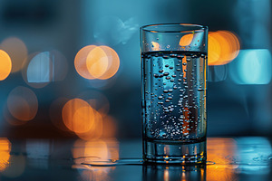 Glass with water on blurred background, a Photo by AlyaAnd