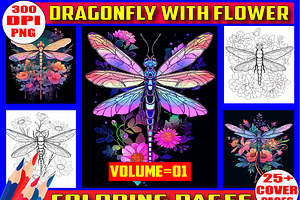 Dragonfly With Flower Coloring V 01, an Animal Illustration by Coco Bloom