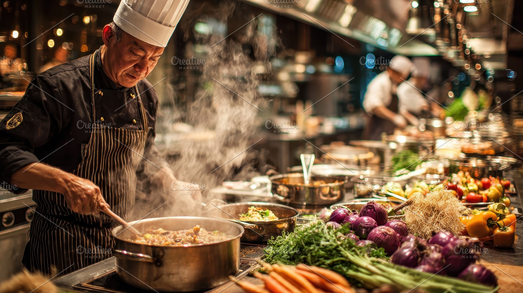 Chef preparing delicious food steami, a Photo by Pixeness Studio