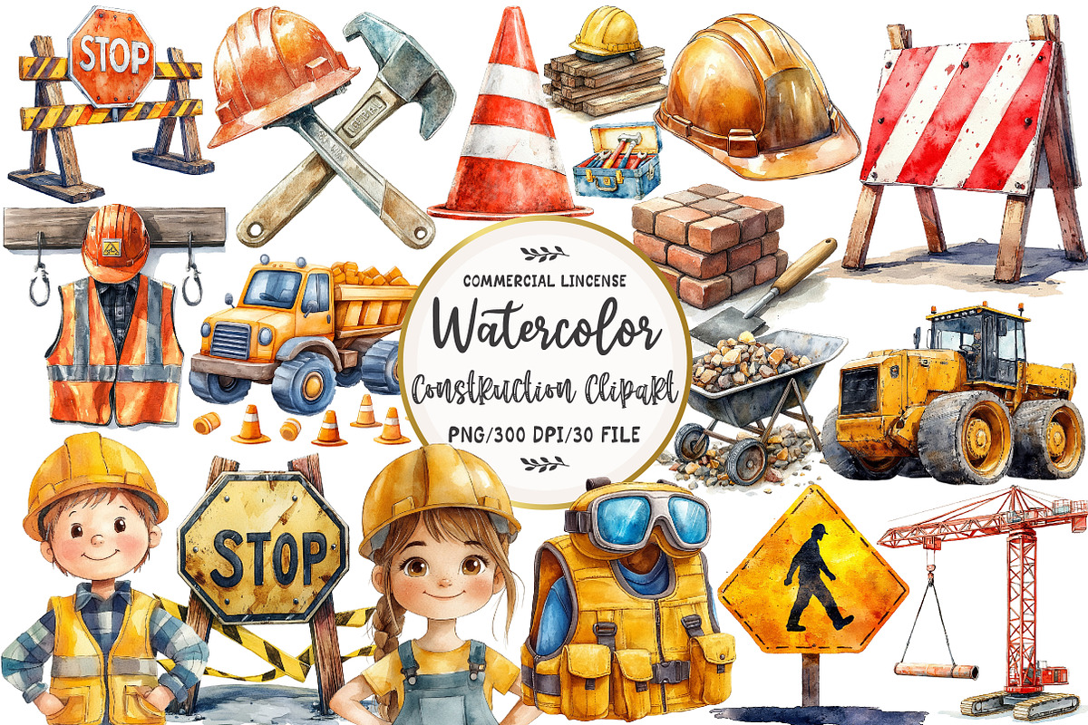 Watercolor Construction Clipart, an Illustration by OK Design (Photo 1 of 5)