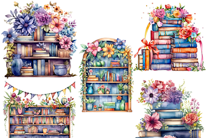 Watercolor Bookshelf Clipart Bundle