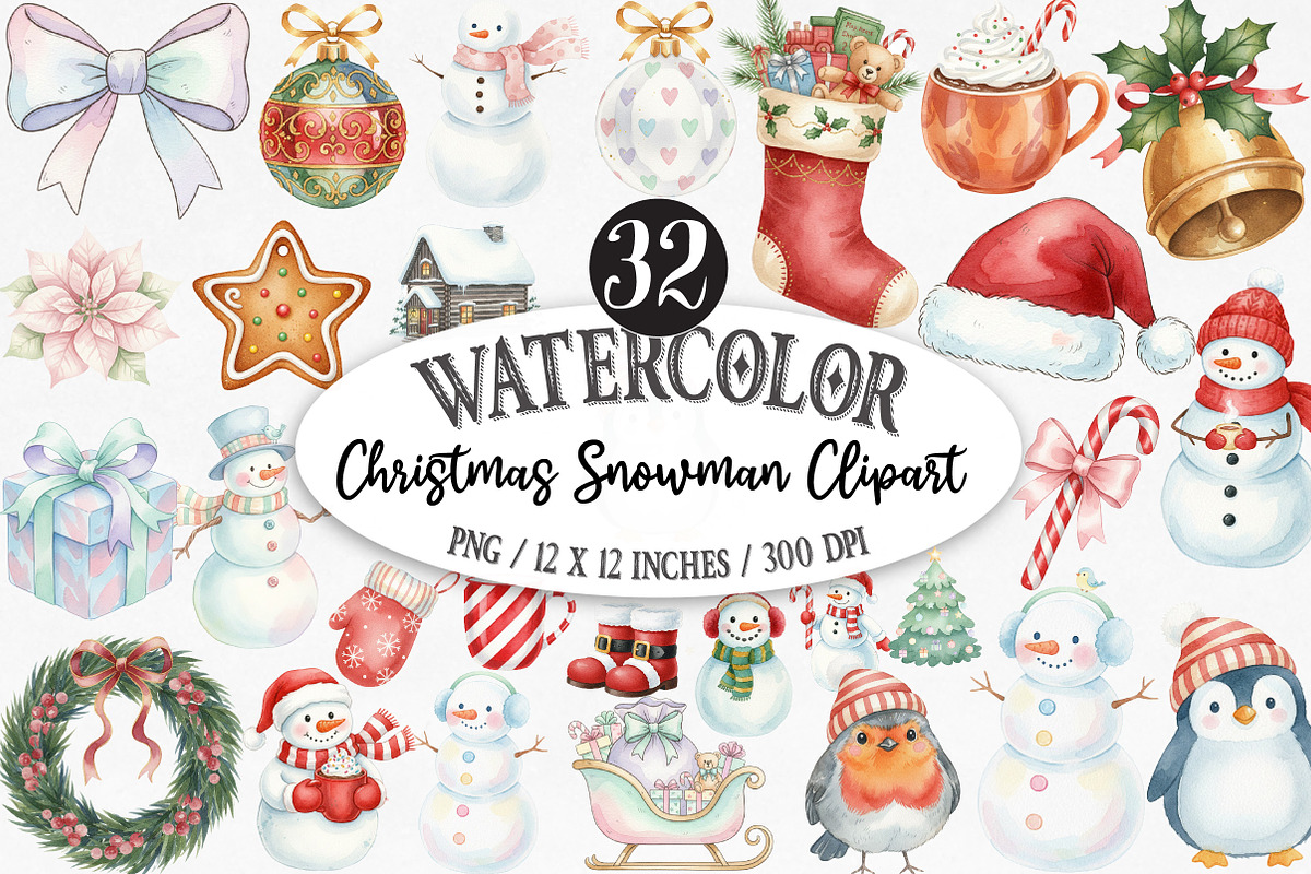 Watercolor Christmas Snowman Clipart, an Illustration by Designking (Photo 1 of 5)