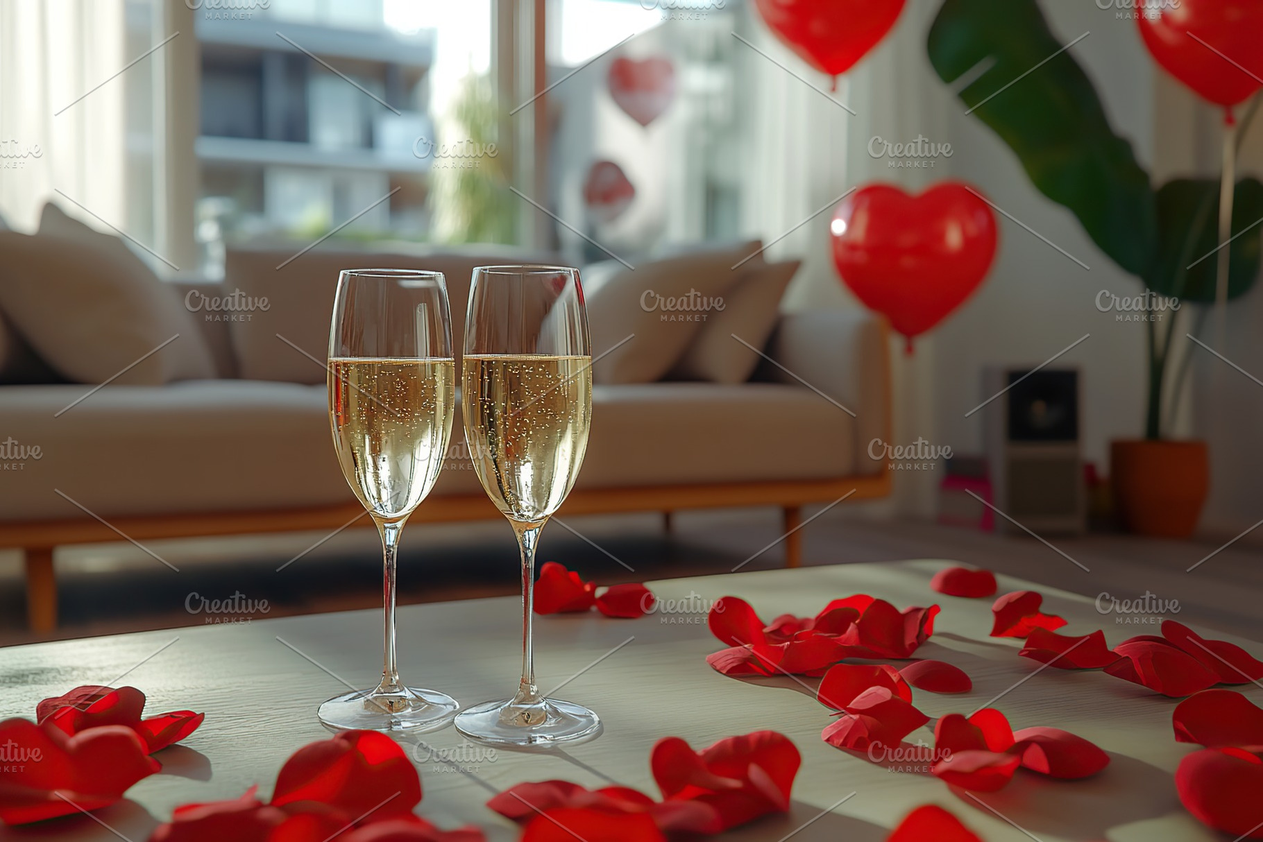 Modern living room with decorations for celebrating Valentine's Day, glasses of, a Photo by AlyaAnd